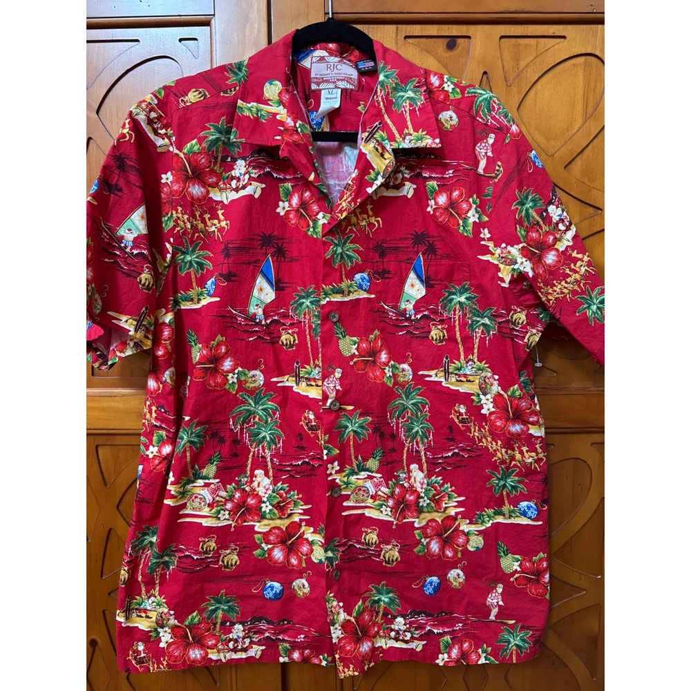 VTG RJC Men XL Red Christmas Hawaiian Shirt Surfing Santa Made USA Cotton XL